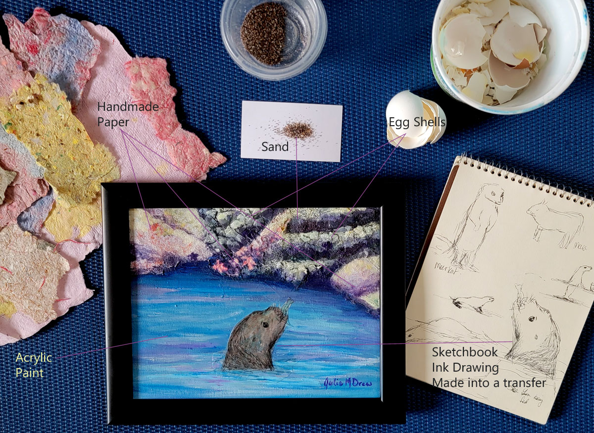 Seal Painting with handmade paper, acrylic sand, egg shell and ink transfer